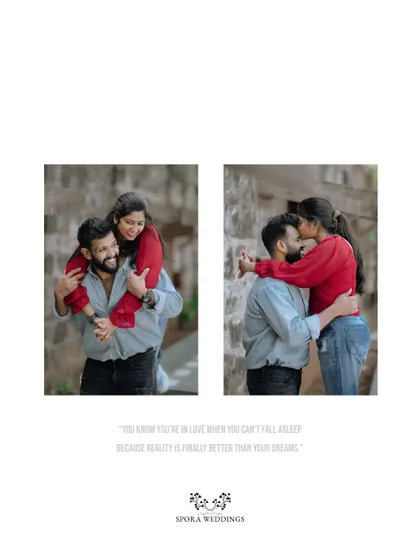 A diptych of the couple's playful and intimate moments, from a piggyback ride to a gentle kiss.