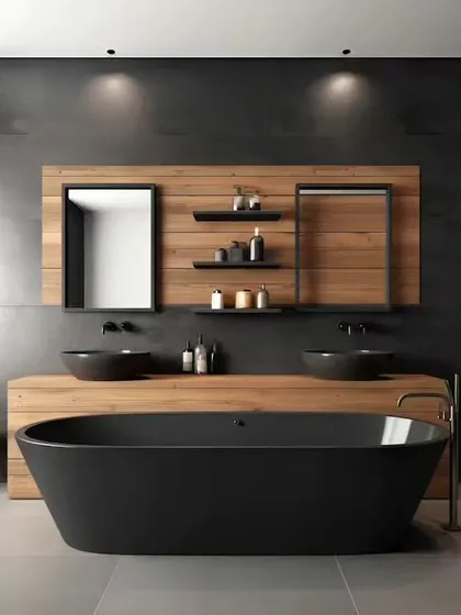 For a bold, minimalist statement, I designed this bathroom with a standalone black bathtub against a wood-paneled accent wall. The dual black vessel sinks and clean lines create a powerful and modern aesthetic.