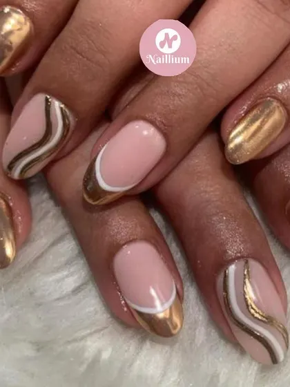 A bold and glamorous set for a wedding guest, featuring gold chrome, white accents, and abstract gold waves.