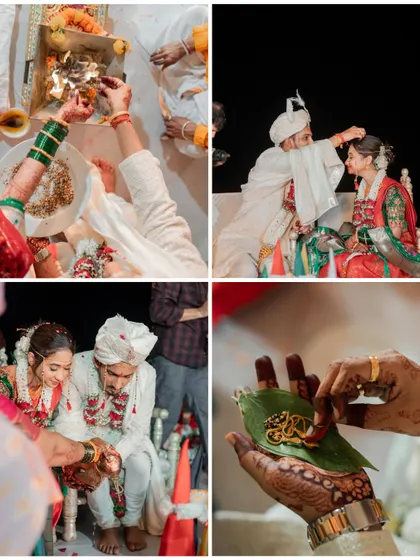 A collage of detailed ritual shots from a Maharashtrian wedding, showcasing the cultural richness and significance of each tradition.