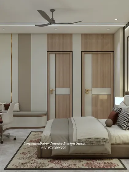 This angle shows the two doors and the window seat, demonstrating how the design uses vertical stripes to create a sense of height and cohesion.