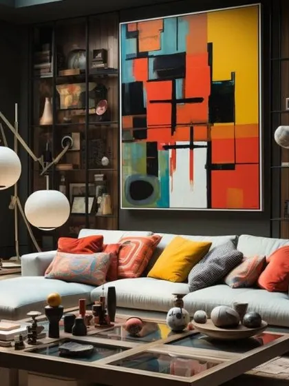 A collection of our vibrant, large-scale abstract commissions shown in various contemporary living spaces. Each piece is tailored to the room's architecture and color scheme, demonstrating the versatility of our custom art services for modern interiors.