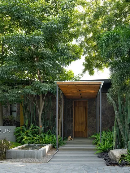 The entrance to the KEUS office, recognized by Work Design Magazine for its serene Japanese Garden-inspired landscape. The design balances stone, wood, water, and carefully selected plants to create a calm and welcoming entry.