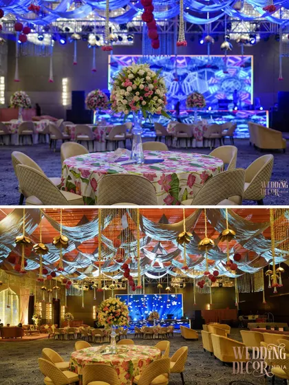 A comparison of how lighting can completely change the mood of a space. The same setup is shown under cool blue light for a party vibe, and warm light for a more traditional, romantic feel.