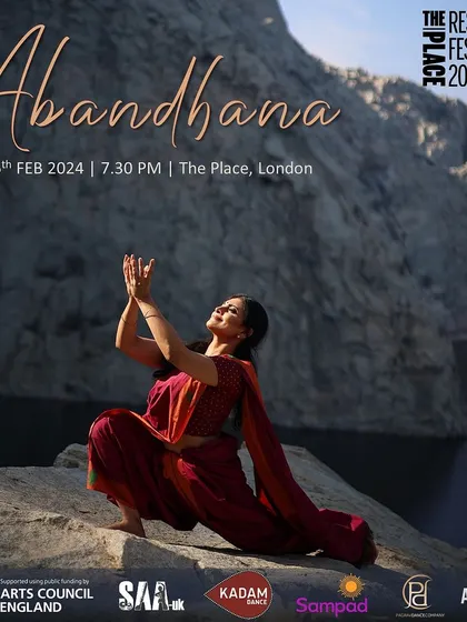 The official poster for *Abandhana*. The work is a dance-music immersion into the heart-wrenching feminist voices of the Therīgāthā, using Bharatanatyam, Indian classical music, and Tibetan soundscapes.
