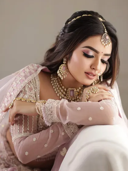 An elegant, eyes-closed portrait that focuses on the delicate details of the makeup and jewelry.