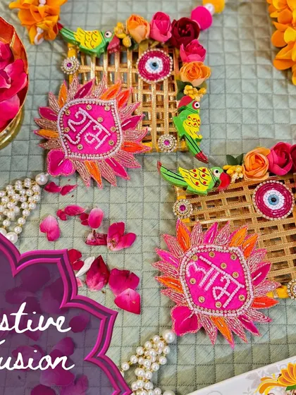 A festive fusion of colors and textures. These Shubh Laabh hangings feature a unique bamboo-style frame, bright parrot motifs, and floral details, perfect for adding a touch of playful tradition to your home.