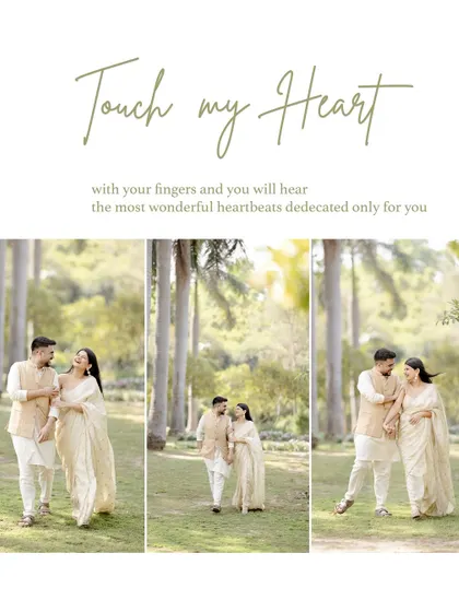 A beautiful collage of a couple walking through a sun-drenched park. The coordinated beige and white outfits complement the natural surroundings, creating a soft and romantic series of images.