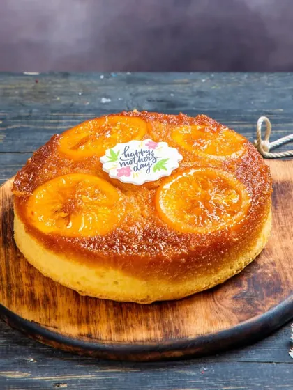 A refreshing Orange Upside Down Cake from our Mother's Day menu. The bright, zesty flavour of caramelized oranges makes this a delightful treat.