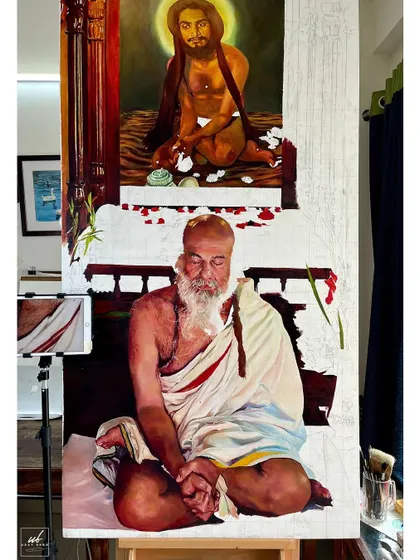 A work-in-progress shot of the large commissioned oil painting. You can see the lower figure is almost complete, while the upper sections are still being developed.