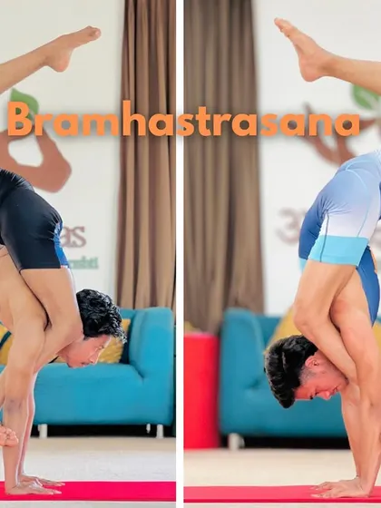 The Bramhastrasana is a complex standing arm balance that combines flexibility and strength. Here you can see two variations, showing the progression we work on.
