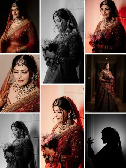 A comprehensive collage of the bride's portraits, showcasing a variety of moods and styles, from color to black and white, and dramatic silhouettes.