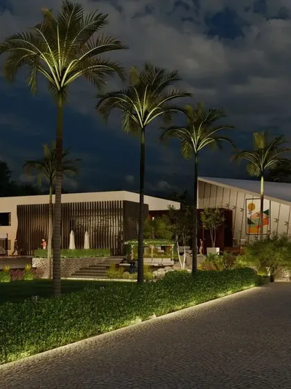 The grand entrance to the farmhouse at night. The illuminated driveway leads towards the strikingly modern buildings, with landscape lighting highlighting the palm trees and manicured lawns, creating a luxurious and welcoming arrival experience.