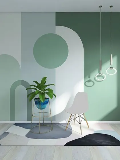 I love the clean, modern look of this geometric wallpaper. The overlapping arches and circles in soothing green tones create a minimalist and artistic statement.