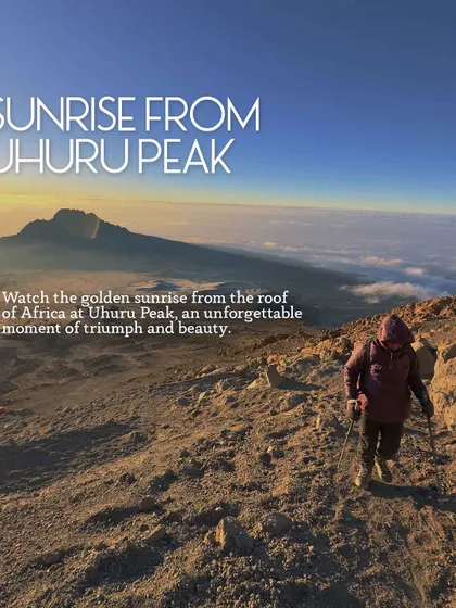 The golden sunrise from Uhuru Peak, the summit of Kilimanjaro. This is an unforgettable moment of triumph and beauty, the ultimate reward for the climb.