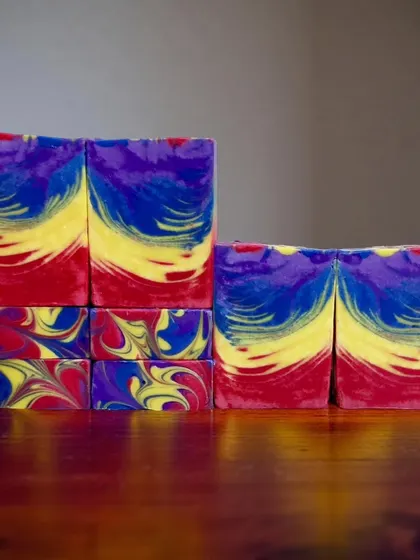 My "Rainbow Bloom" soap, created for a color theory challenge using the One Pot Wonder technique.