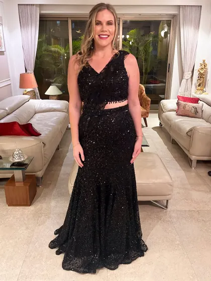 My stunning American client Erica, ready for a sangeet party in a glamorous black sequin saree.