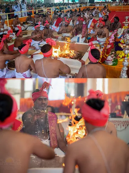 A wide view of the priests seated around the fire pit for the Maha Rudra Homa. This large scale fire ceremony is performed to remove obstacles and bring peace to the world.