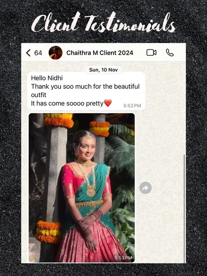 "Thank you soo much for the beautiful outfit. It has come soooo pretty." A lovely message from my client Chaithra, looking radiant in her custom langa voni.