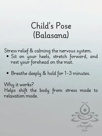 Child's Pose (Balasana) is a foundational pose for anger relief, as it helps shift the body from a stress response into a state of relaxation.