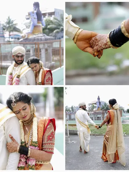 This collage tells the story of a traditional South Indian wedding. It includes shots of the couple at the temple, holding hands, and sharing intimate moments, painting a complete picture of their day.