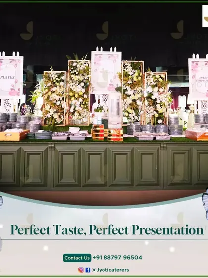 A perfect blend of modern and floral design, this buffet station uses a dark green counter and elegant pink and white floral panels for a fresh, chic look.