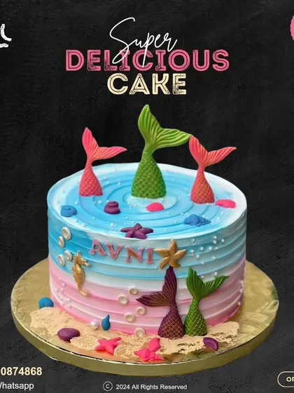 An enchanting mermaid cake with multiple colorful tails diving into the blue and pink waves. This design is decorated with golden seahorses and starfish for a magical underwater scene.