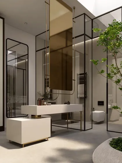 A different angle of the luxury bathroom, showing the floating vanity and a striking gold-tinted hanging mirror. The design plays with reflection, light, and transparency to create a layered and sophisticated interior.