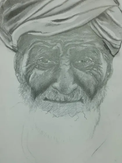An in-progress look at the portrait of the man with a turban. At this stage, the focus is on establishing the deep shadows in the face to create a strong sense of form before adding finer details.