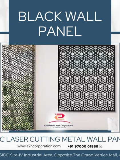 A black CNC laser-cut metal wall panel with a hexagonal geometric pattern. This type of panel adds a bold, contemporary, and graphic element to a space, perfect for creating a high-contrast feature wall.
