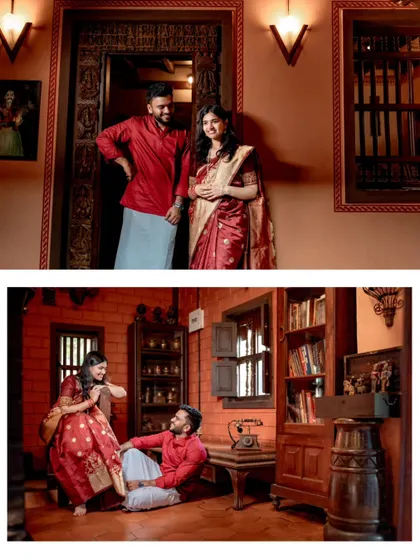 A collage showing the couple in a beautifully decorated traditional home, capturing both a formal portrait and a playful, candid moment.