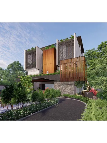 The entrance approach for our upcoming project, designed to guide visitors through a carefully orchestrated landscape that reveals the home's tropical modern design.