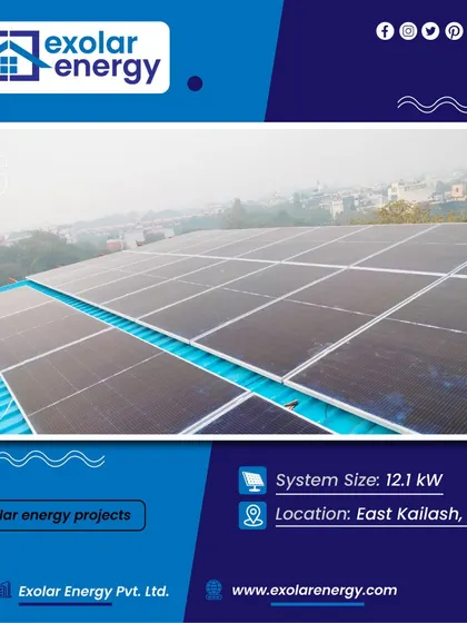 A 12.1 kW solar project in East Kailash, Delhi, fitted perfectly onto an industrial tin shed roof for optimal space utilization.