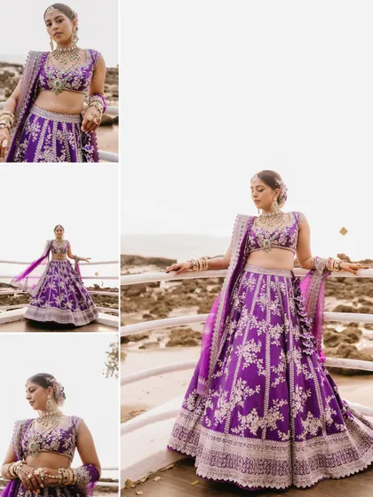 A collage of a bride in a purple lehenga posing by the sea, showcasing her full outfit from different angles against the rocky shoreline.