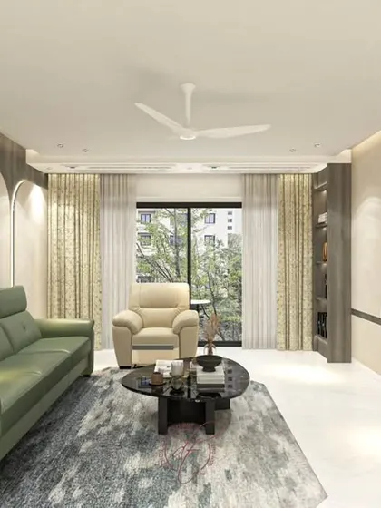 This visualization shows the living area from another perspective, emphasizing the natural light from the large windows and the comfortable, functional furniture arrangement.