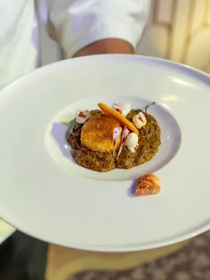 A close-up of a perfectly plated main course, held by one of our chefs. The dish features a crispy-skinned protein on a bed of rich grains, showcasing our focus on texture, colour, and composition.