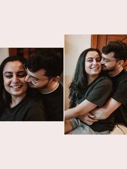 A diptych of close-up portraits, capturing the groom's affectionate whisper and the couple's shared smiles.