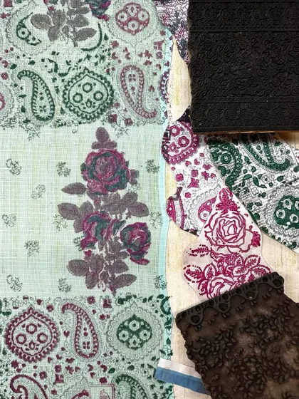 A flat lay showing the combination of vintage blocks and fabric swatches for a summer kota saree. We love mixing timeless floral and paisley prints to create a unique and dreamy aesthetic.