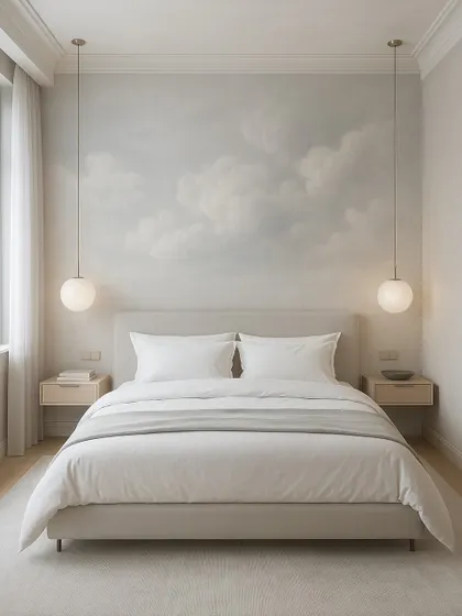 This bedroom, inspired by the element of Air, is light, airy, and designed to breathe. The cloud mural and minimalist furniture create a sense of openness and tranquility.