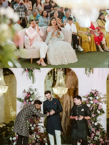 Candid moments from the Sangeet, showing the couple enjoying the performances and friends sharing a laugh on stage.