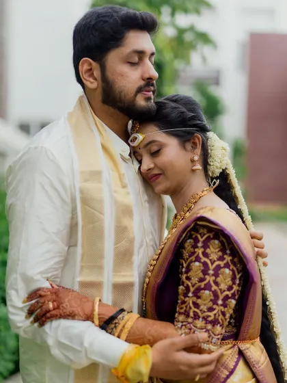 A tender embrace between the bride and groom. We focus on capturing the feeling of comfort and love in our portraits.