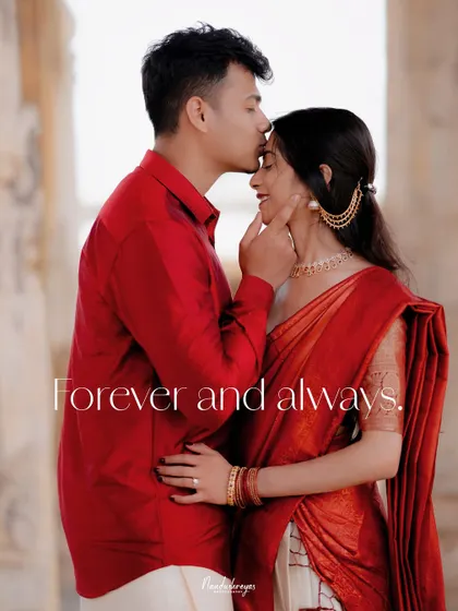 A close-up of a forehead kiss with a "Forever and always" text overlay, perfect for a save-the-date.