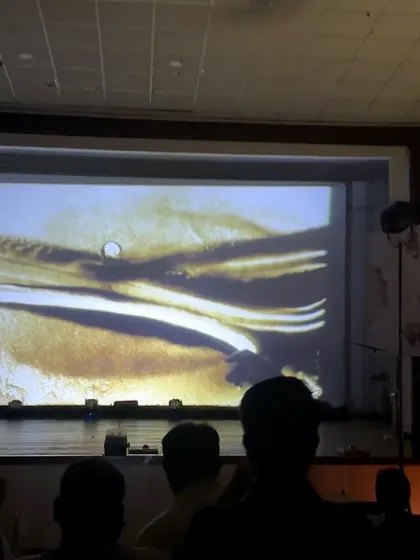 The audience watches as I create a story with sand. The dark auditorium and glowing screen make for a very dramatic and immersive experience.