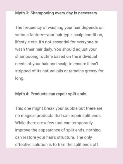 More facts from my Brides Today feature: the frequency of hair washing depends on your hair type and lifestyle, and products can only temporarily improve the appearance of split ends, not repair them.