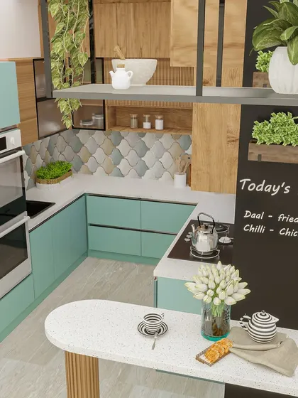 The kitchen includes a small breakfast counter and a chalkboard for notes, adding a personal and functional touch.