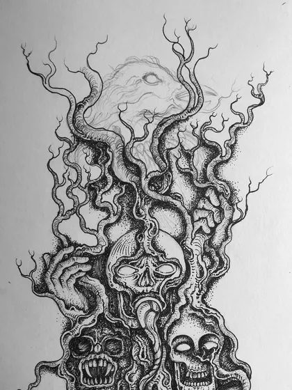 A progress shot of the raven and skulls piece.