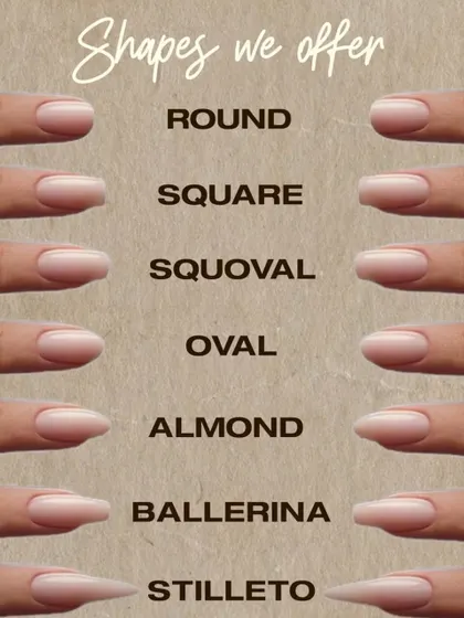 Almond, stiletto, square, or something in between? This guide shows the different nail shapes we can create. We'll help you pick the perfect shape to fit your hands and your style.