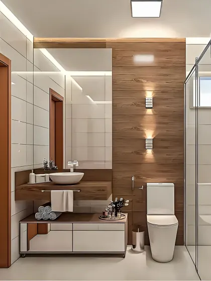 A clean and bright bathroom design using white tiles and warm wood finishes. The wall-mounted vanity and glass shower partition make the space feel open and uncluttered.