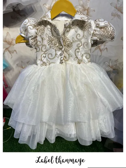 A unique party frock with a collared, embroidered bodice and a white tulle skirt.