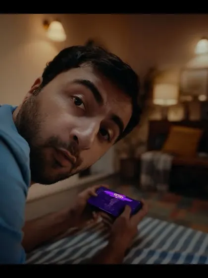A close-up of a character from the Bullet Echo ad, engrossed in his game. His simple blue t-shirt keeps the focus on his expressive reaction.